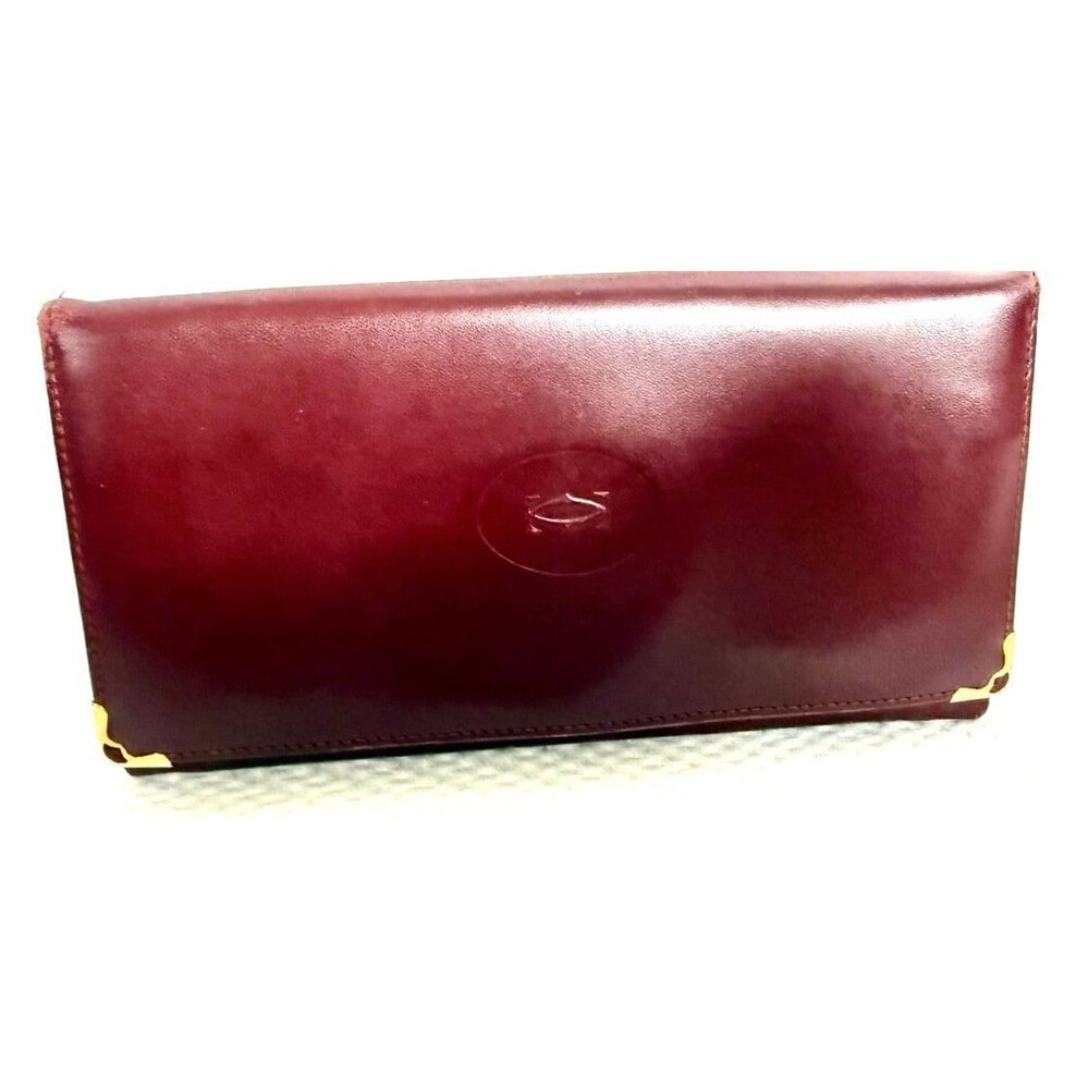Cartier Burgundy Leather Long Wallet Gold Corner Hardware Authentic